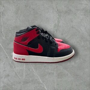 Nike Air Jordan 1 Mid Black+Red=Bred 2021 DM9650-001 GS Size 5.5y / 7 Wmns